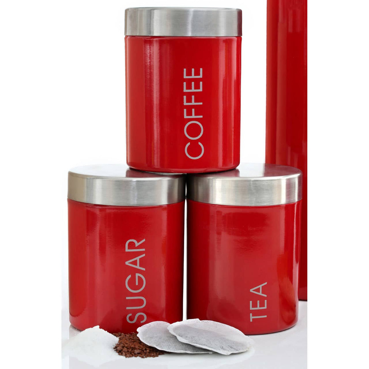 Red Enamel Tea Coffee and Sugar Set
