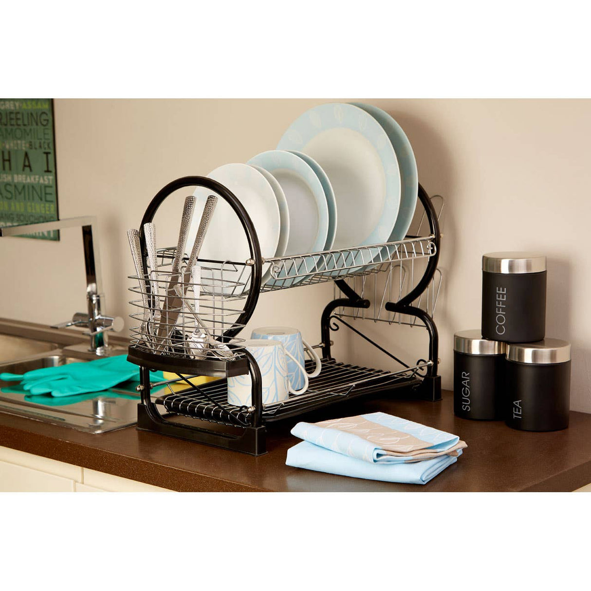 Black Enamel Coated Frame 2 Tier Dish Drainer