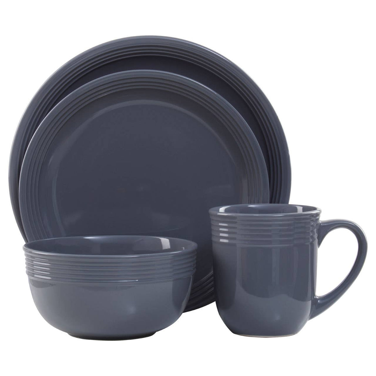 16 Piece Dark Grey Stoneware Dinner Set With Grooves