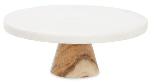 Round White Marble And Acacia Cake Stand