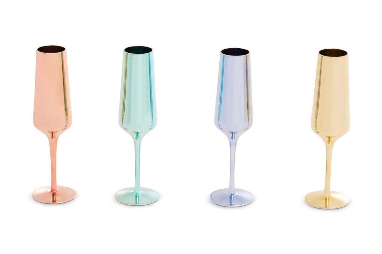 Set Of Four Glass Champagne Flutes In Assorted Colours