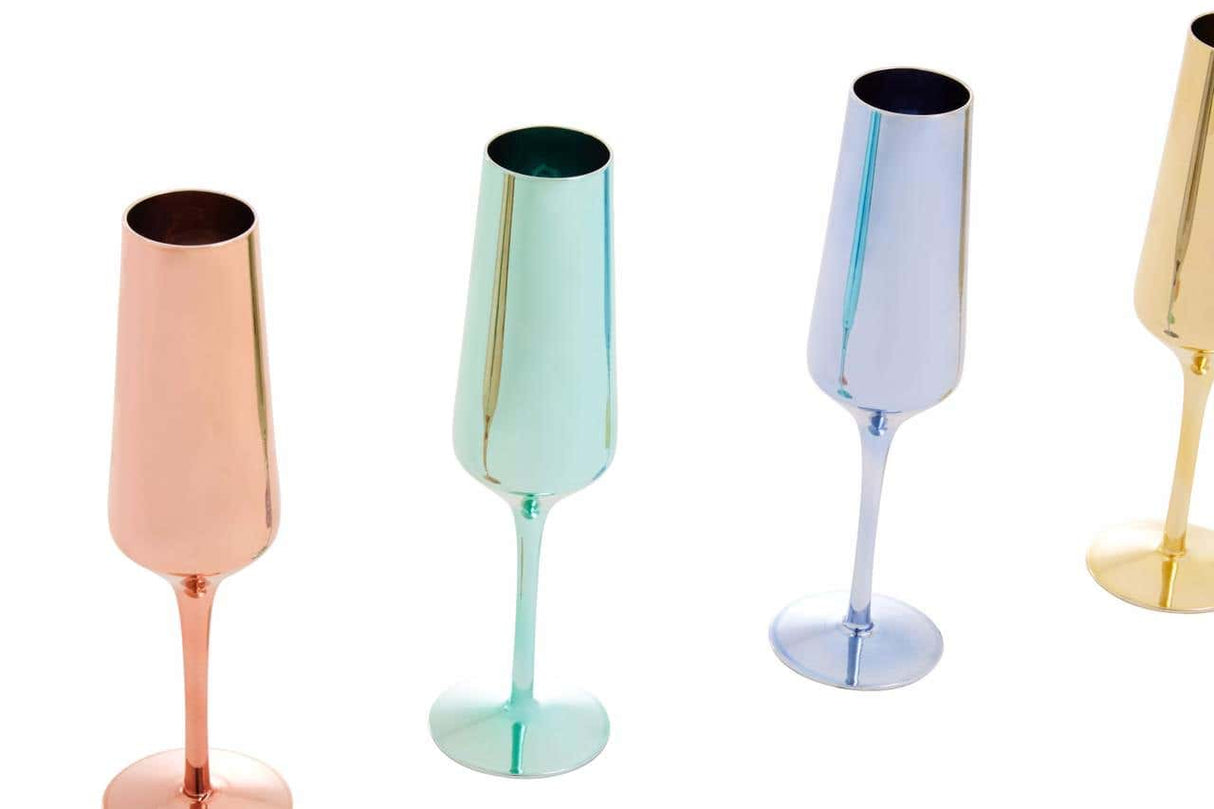 Set Of Four Glass Champagne Flutes In Assorted Colours