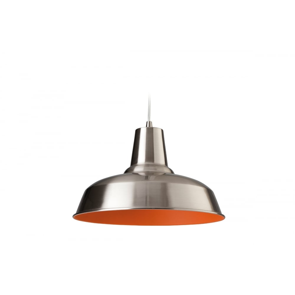 Art Deco Bistro Brushed Steel Pendant Light with Orange Interior