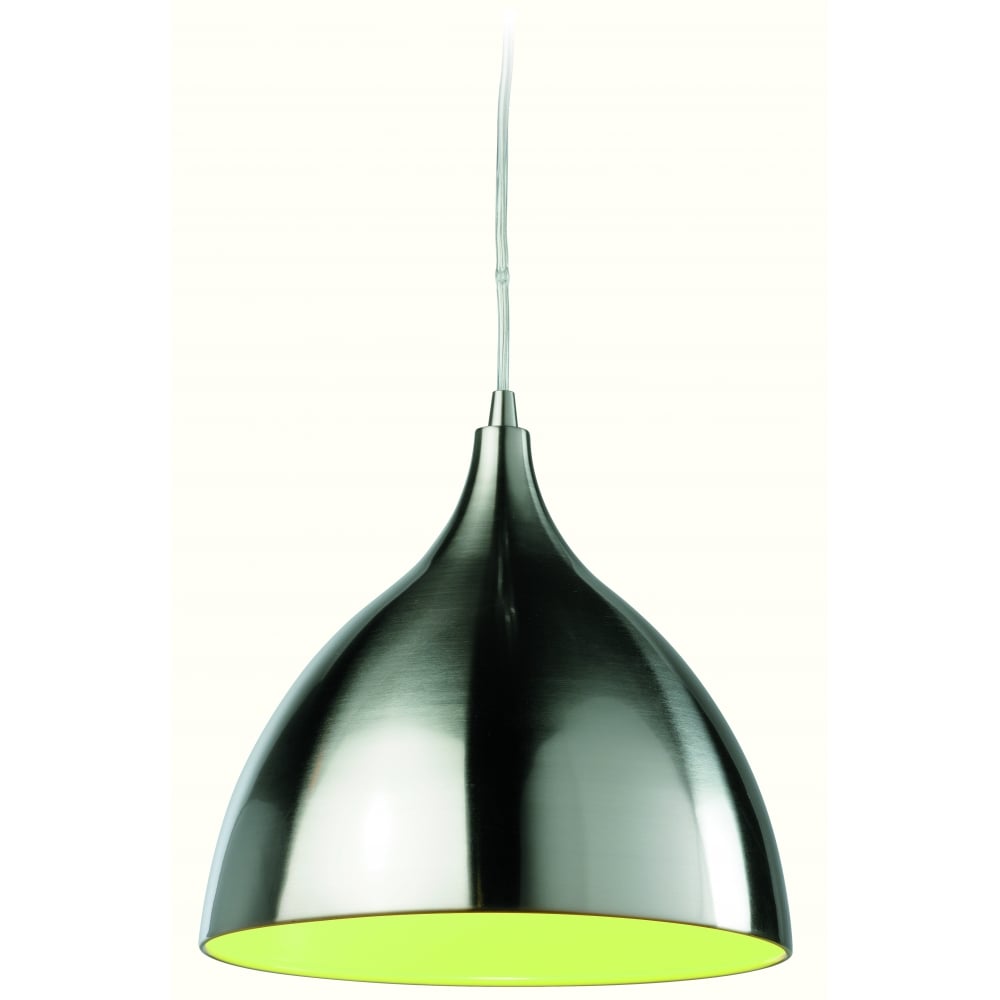 Contemporary Bistro Pendant Light in Brushed Steel with Green Interior