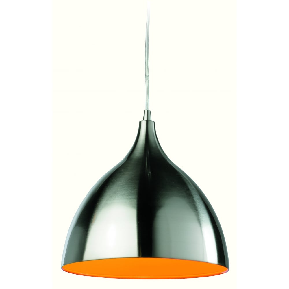 Contemporary Bistro Brushed Steel Pendant Light with Vibrant Orange Interior