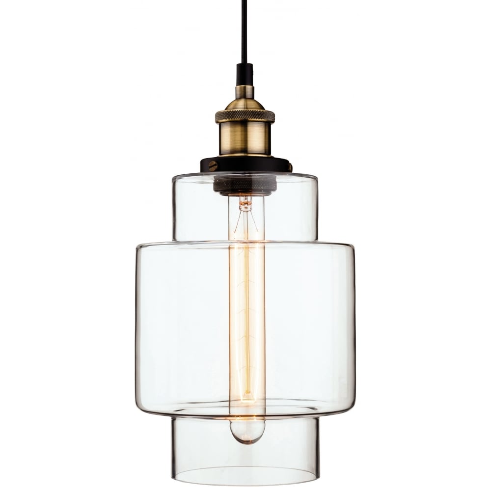 Vintage Brass and Clear Glass Jar Ceiling Pendant Light