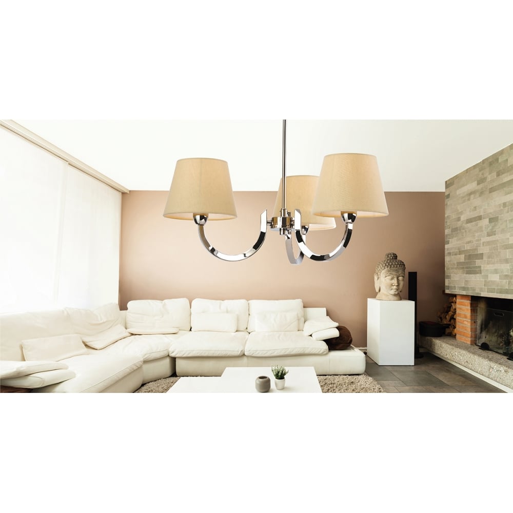 Sleek Polished Steel and Cream Linen Ceiling Pendant Light Fitting