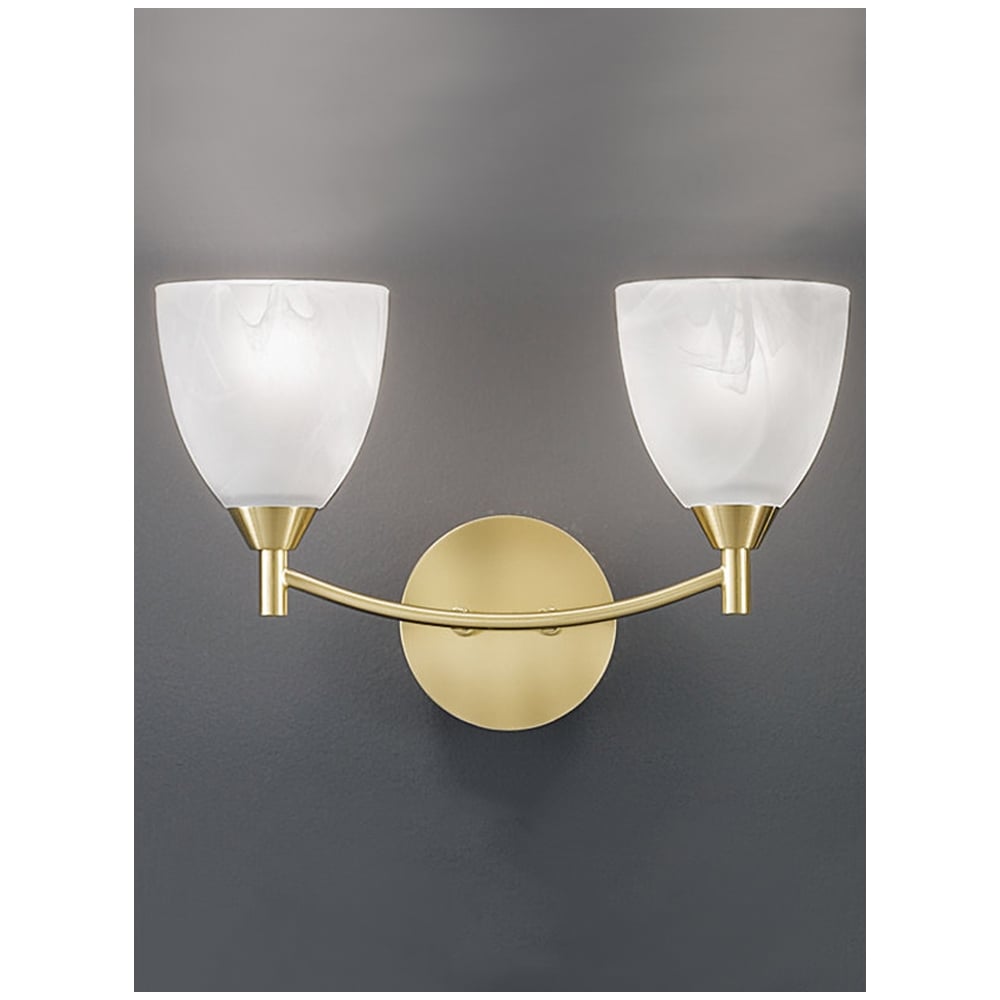 Elegant Satin Brass Dual-Light Wall Sconce with Alabaster Glass