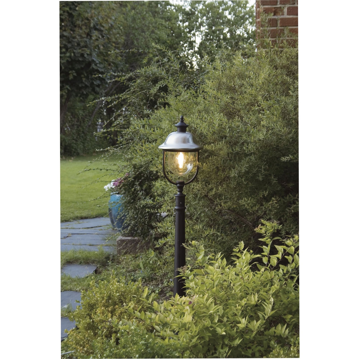 Elegant Black Pathway Lantern with Polished Stainless Steel Cap