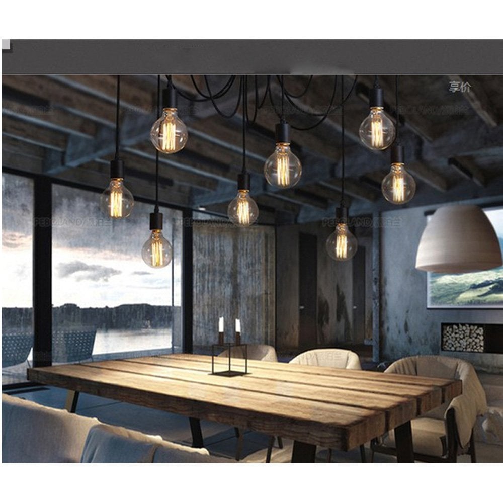 Vintage Industrial Spider Ceiling Light Fixture with 6 Edison Bulb Pendants