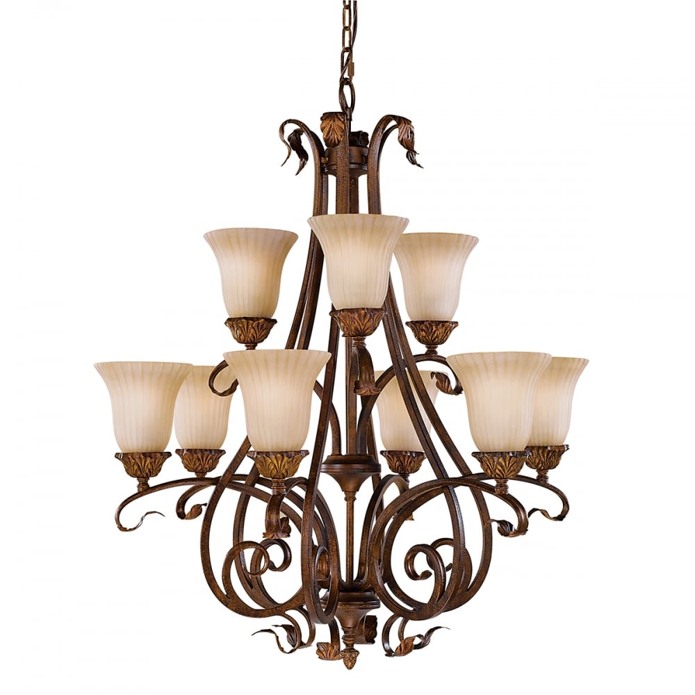 Rustic 9-Light Chandelier with Aged Tortoise Shell Finish for Dining Rooms