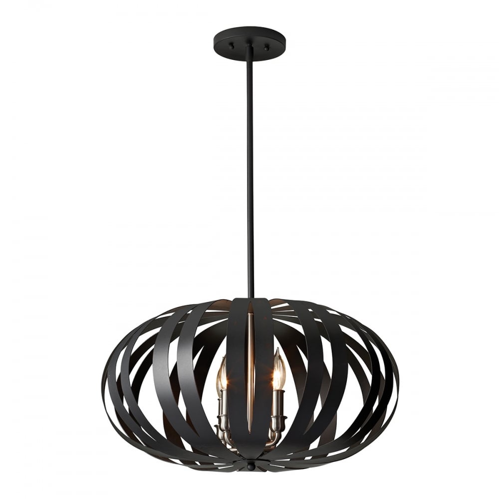 Textured Black Metal Sphere Chandelier with Brushed Steel Accents