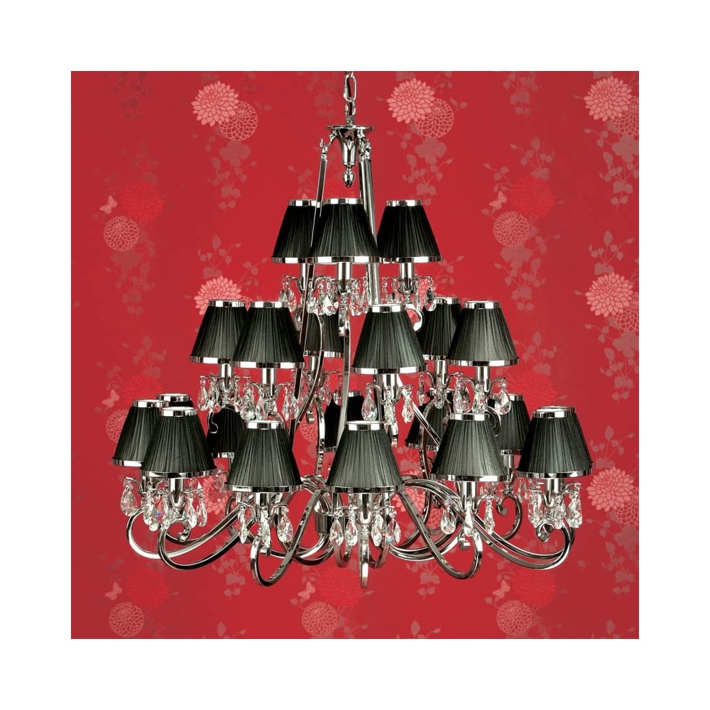 Oksana Nickel 21-Light Crystal Chandelier with Black Pleated Shades
