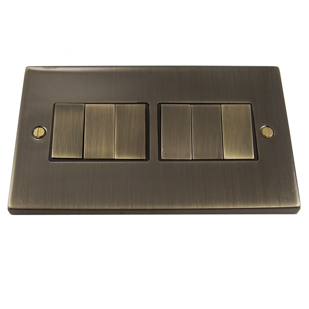 Antique Brass 6-Gang Ingot Light Switch, 2-Way 10AX