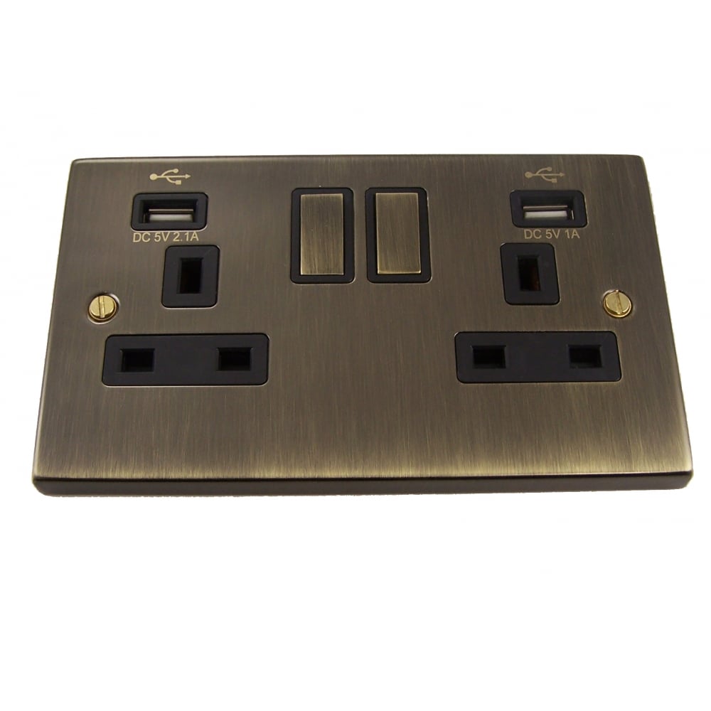 Antique Brass 2 Gang 13A Switched Socket with USB Charging Ports