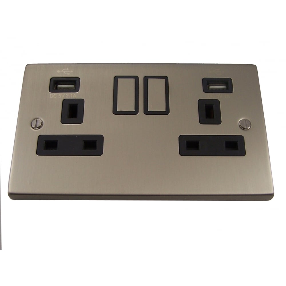 Satin Chrome 2-Gang 13A Switched Socket with USB Ports by Causeway