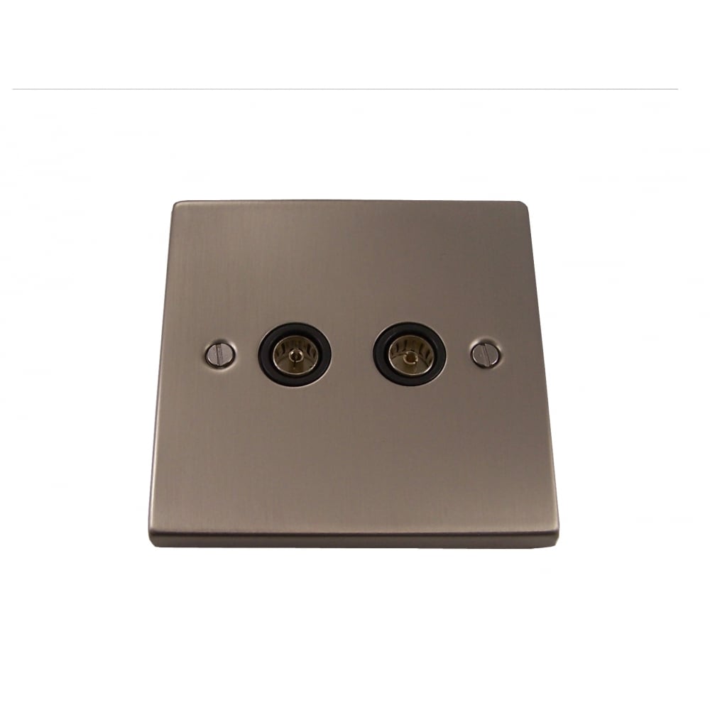 2 Gang Satin Chrome Coax Socket with Black Insert