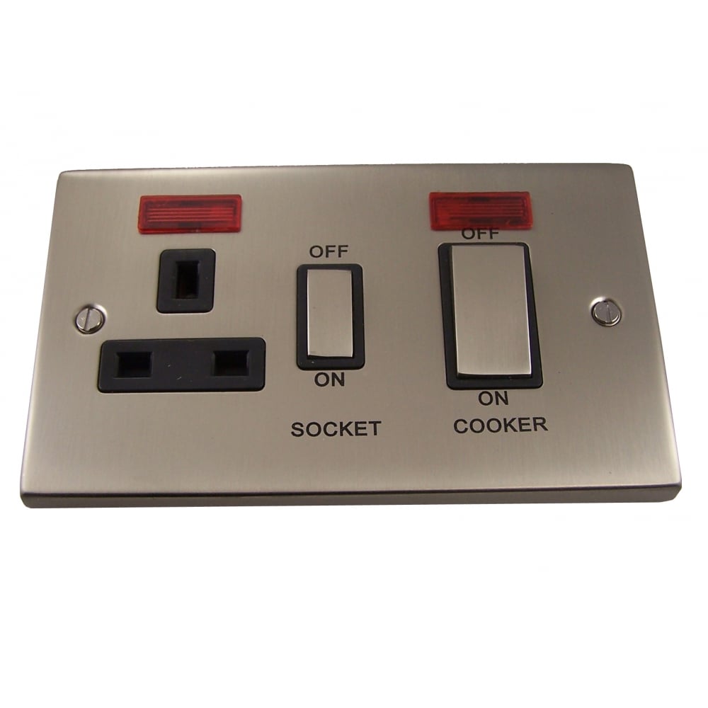 45A Double Pole Ingot Switch & 13A Switched Socket with Neons, Satin Chrome Finish