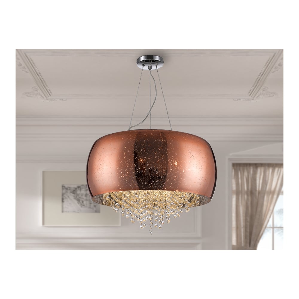 Contemporary Shimmer Copper Drum Ceiling Pendant with Crystal Accents