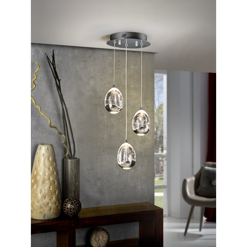 Contemporary Trio of Chrome Crystal Bubble Pendant Lights