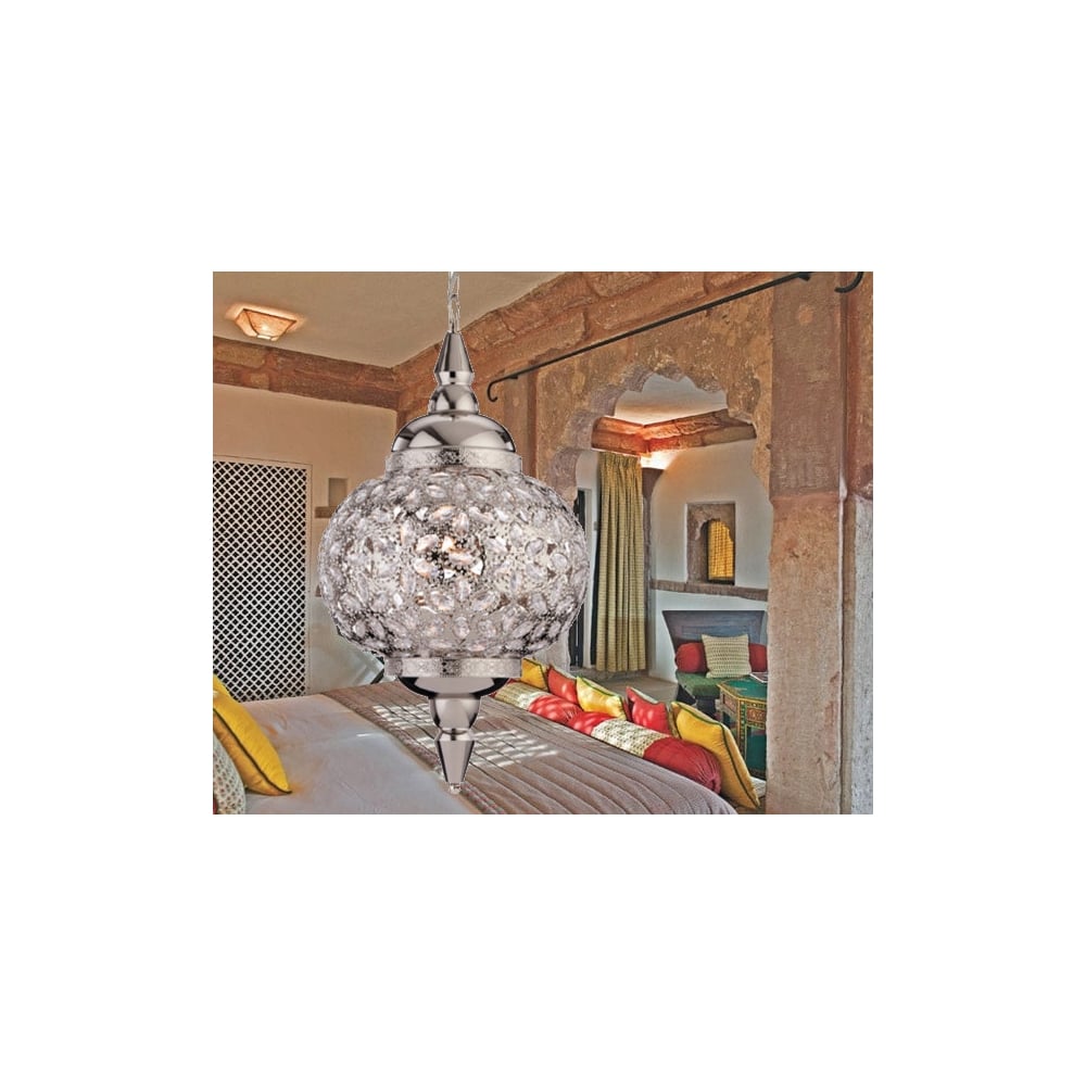 Chrome Moroccan-Inspired Pendant Lantern with Indian Accents