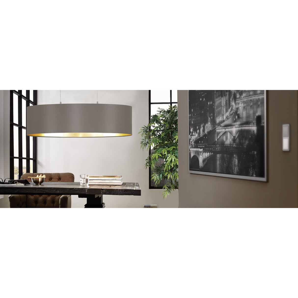Elegant Maserlo Satin Nickel and Cappuccino Drum Pendant Light