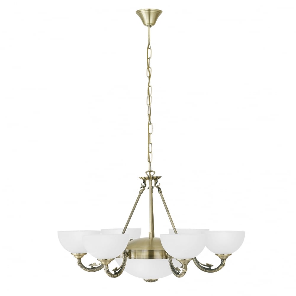 Savoy Vintage Antique Ceiling 8-Light Pendant Chandelier in Burnished Bronze with Satinated Glass Shades