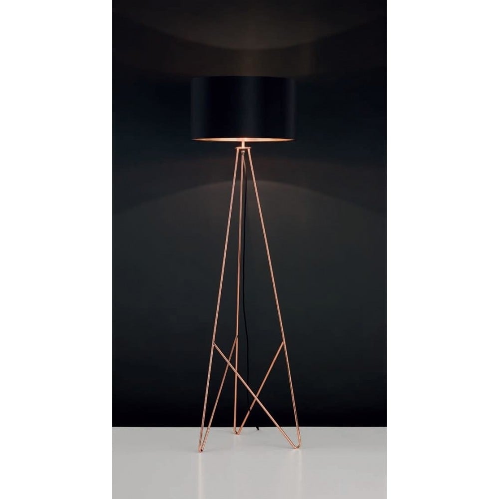 Modern Industrial Copper Floor Lamp with Black Fabric Drum Shade