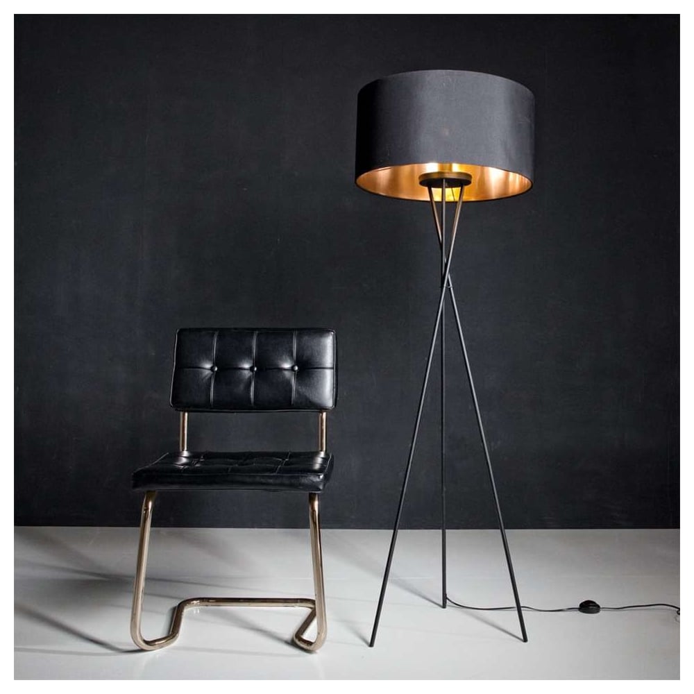 Elegant Black Tripod Floor Lamp with Chic Copper Accents