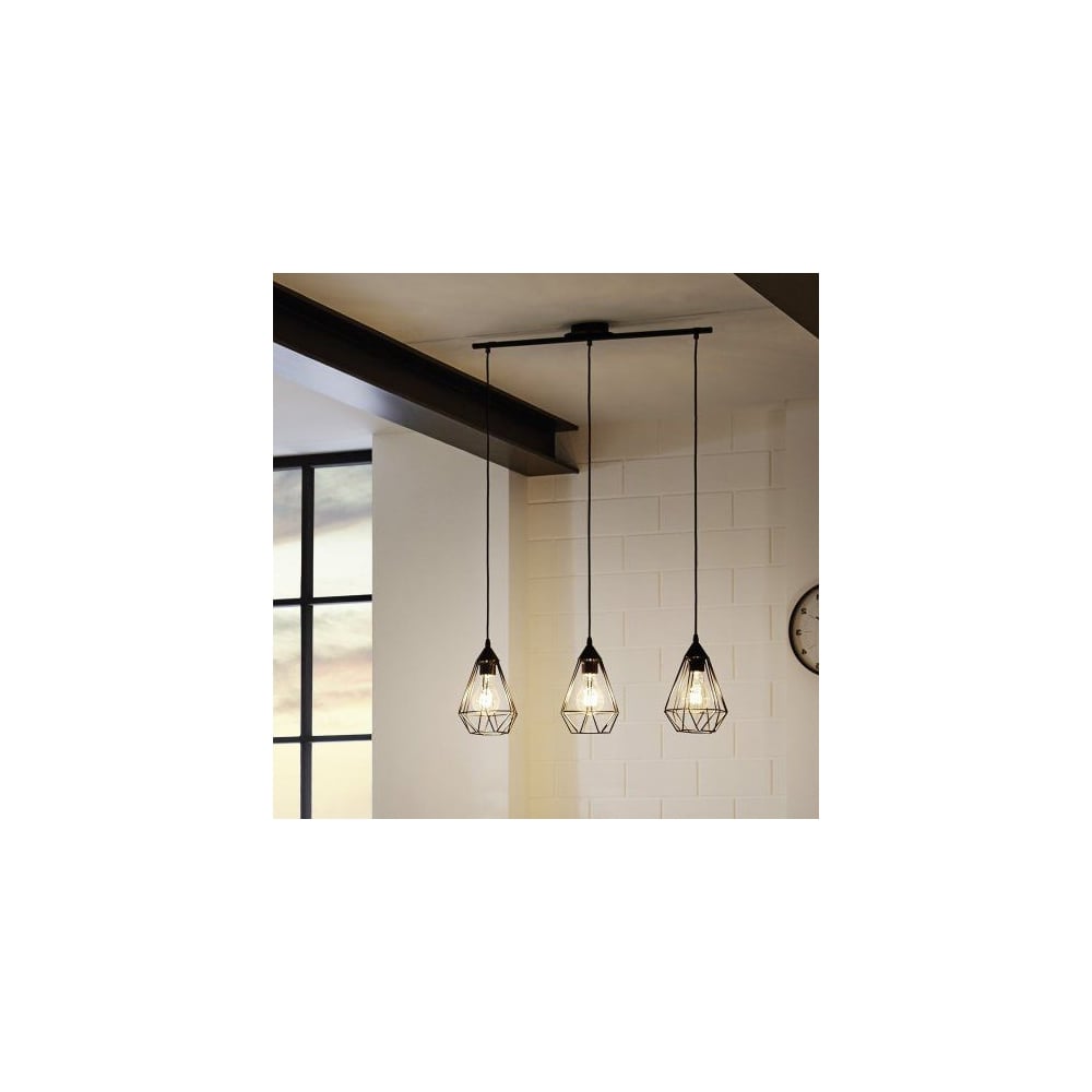 Tarbes Industrial Vintage Open Cage Triple Pendant Ceiling Light Fixture.