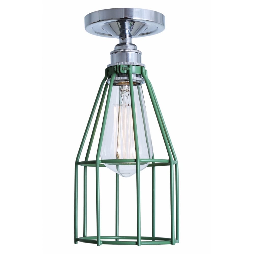 Sage Green Industrial Cage Ceiling Light with Chrome Lampholder