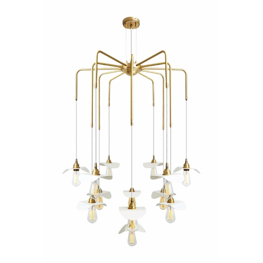 Elegant Petal Brass Chandelier with White Fabric Accents