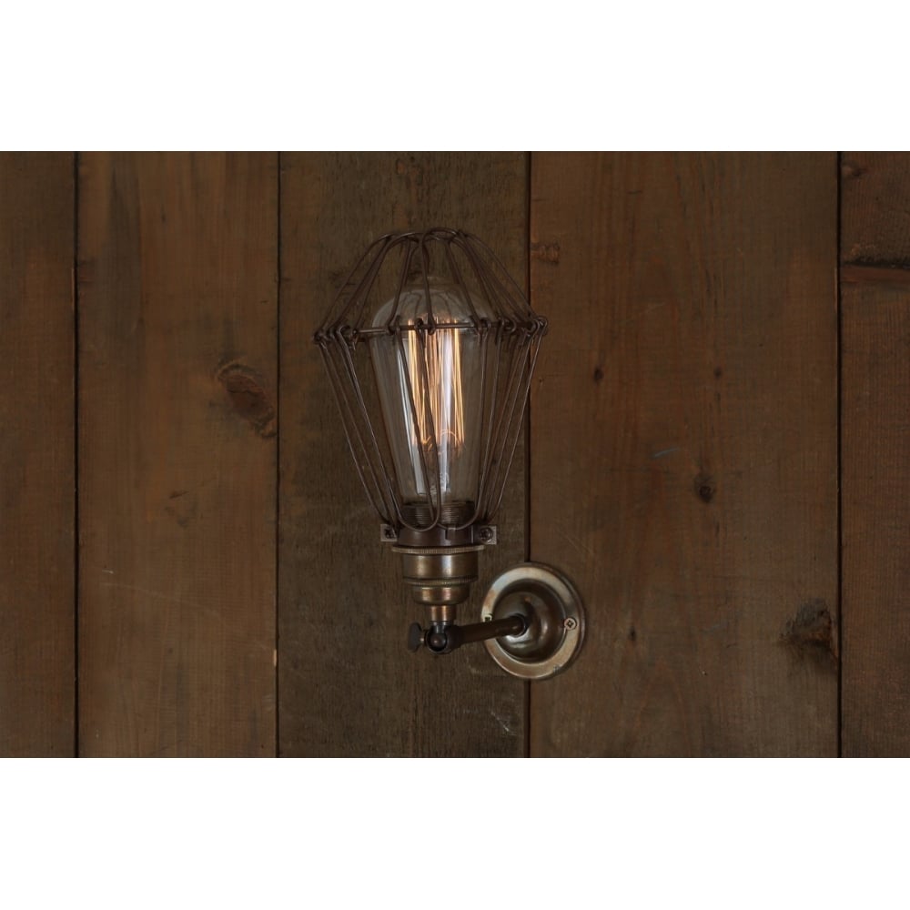 Vintage Industrial Cage Wall Sconce with Brass Details