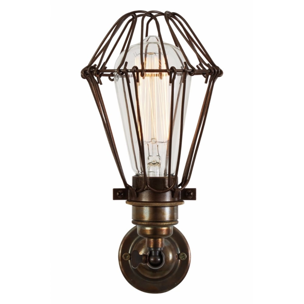 Vintage Industrial Cage Wall Sconce with Brass Details