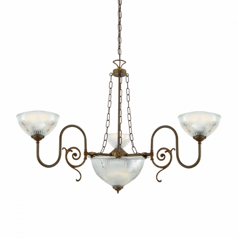 Elegant Padang Antique Brass 3-Arm Chandelier with Holophane Glass Shades