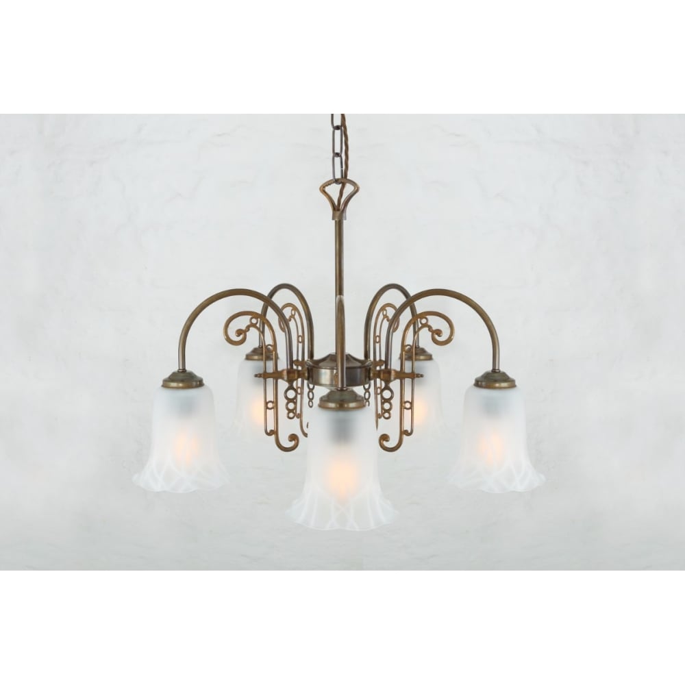 Elegant Medan Brass Chandelier with Opal Etched Glass Shades