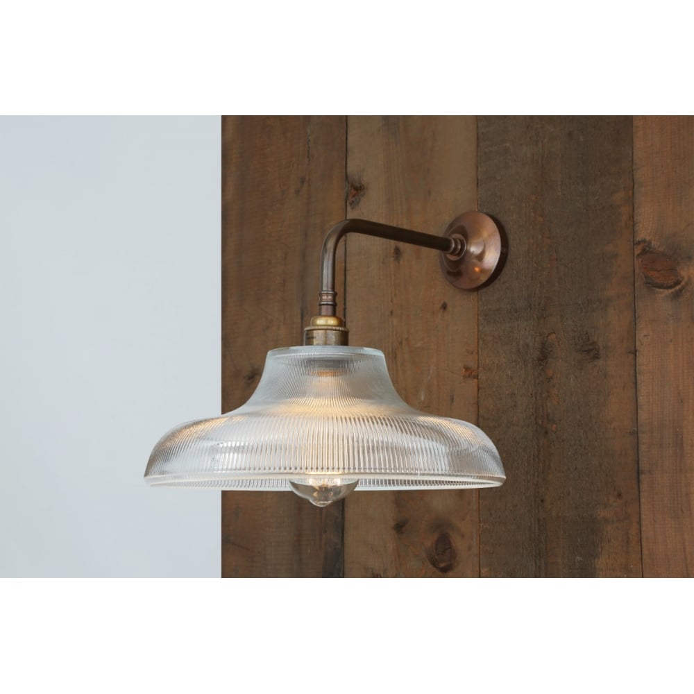 Antique Brass Mono Wall Light with Holophane Shade, 30cm