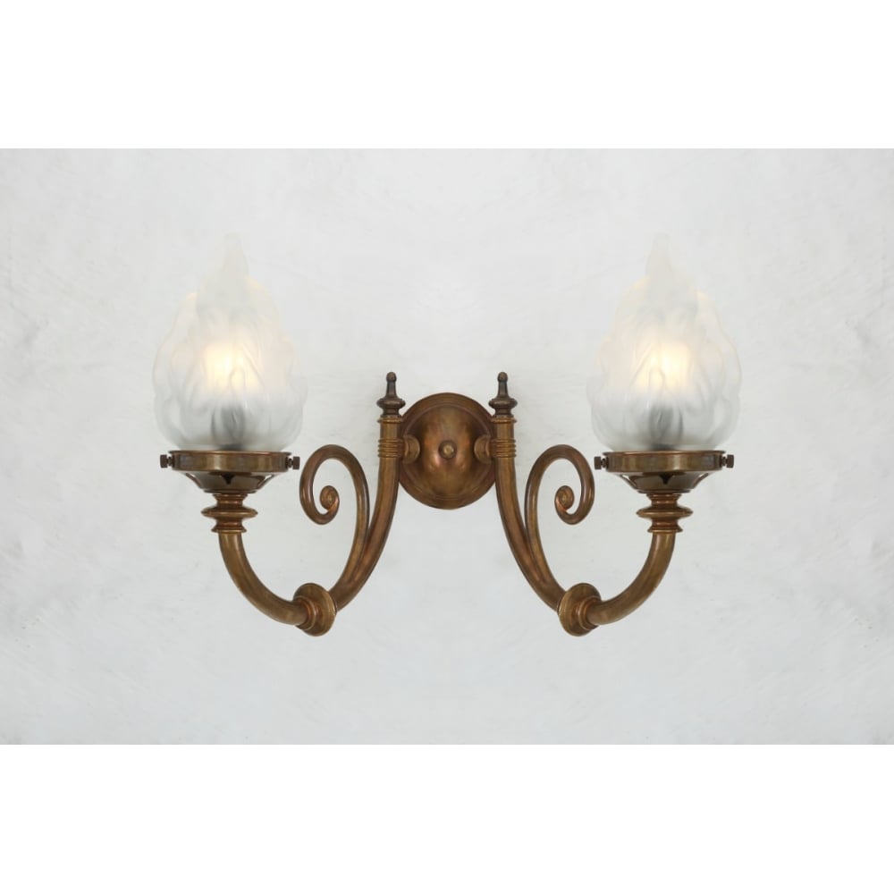 Darwin Antique Brass Double Arm Wall Sconce with Flame Glass Shades
