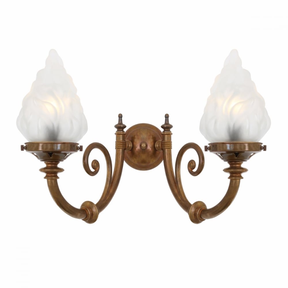 Darwin Antique Brass Double Arm Wall Sconce with Flame Glass Shades