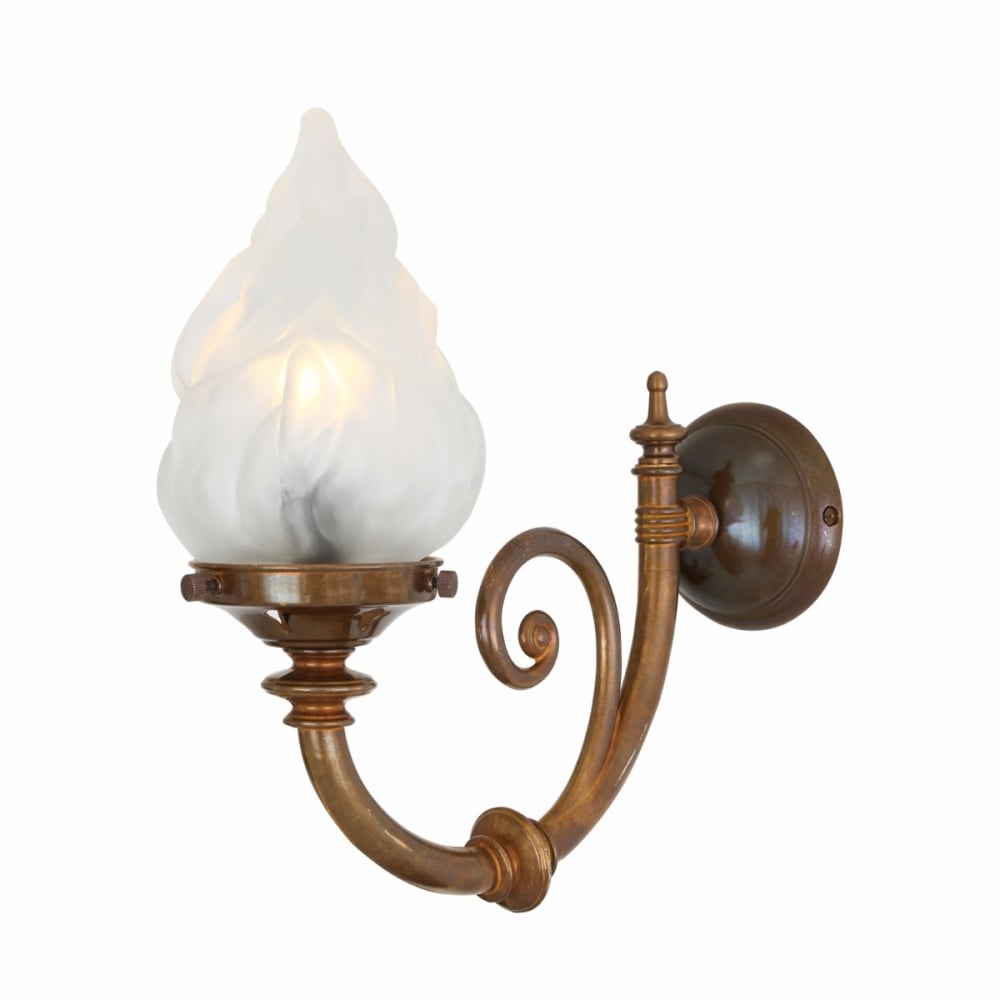 Vintage Brass Wall Sconce with Curved Arm and Flame Glass Shade