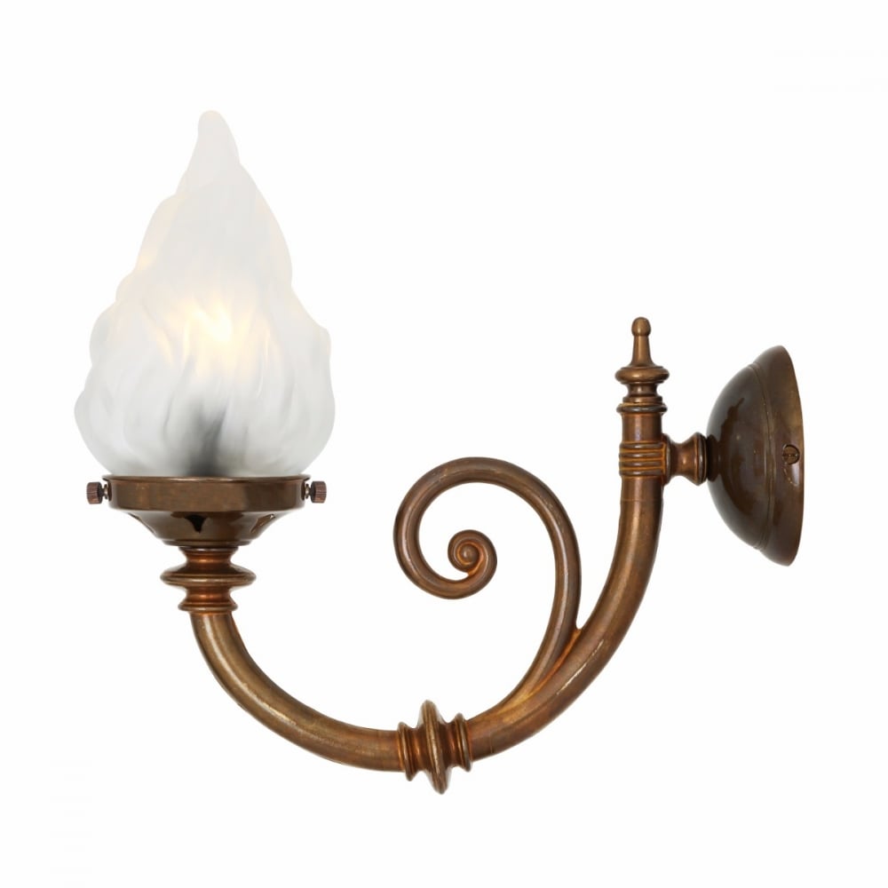 Vintage Brass Wall Sconce with Curved Arm and Flame Glass Shade
