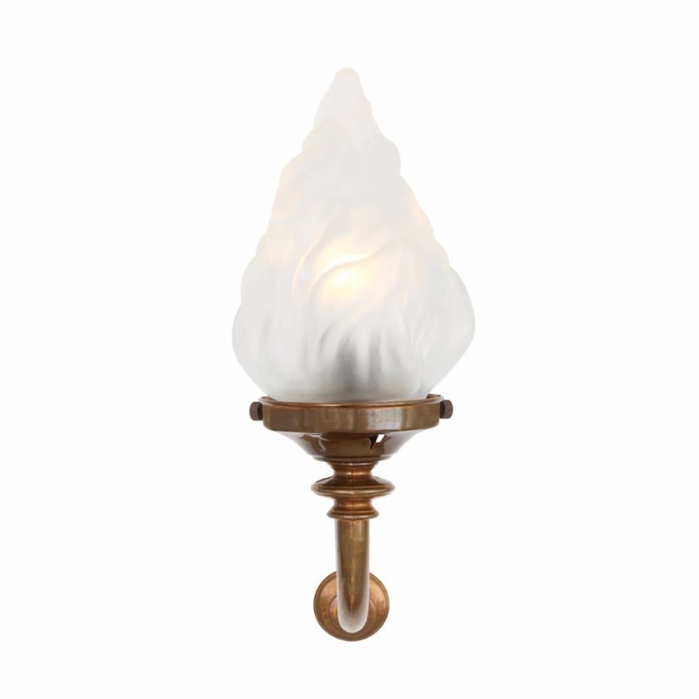 Vintage Brass Wall Sconce with Curved Arm and Flame Glass Shade