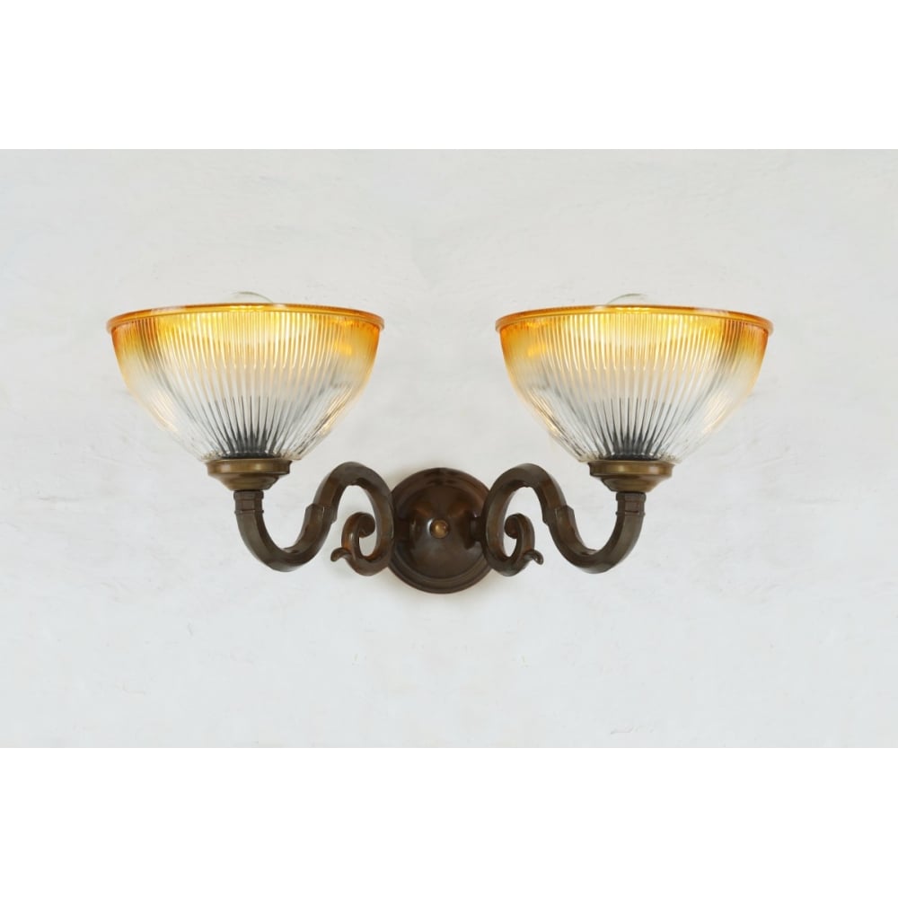 Tawau Antique Brass Double Amber Glass Wall Sconce