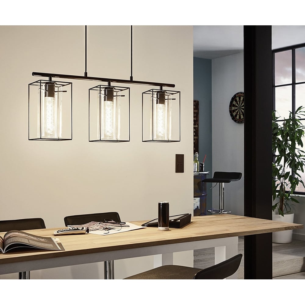 Loncino Triple Island Pendant with Smoked Glass Tubes and Black Steel Frame