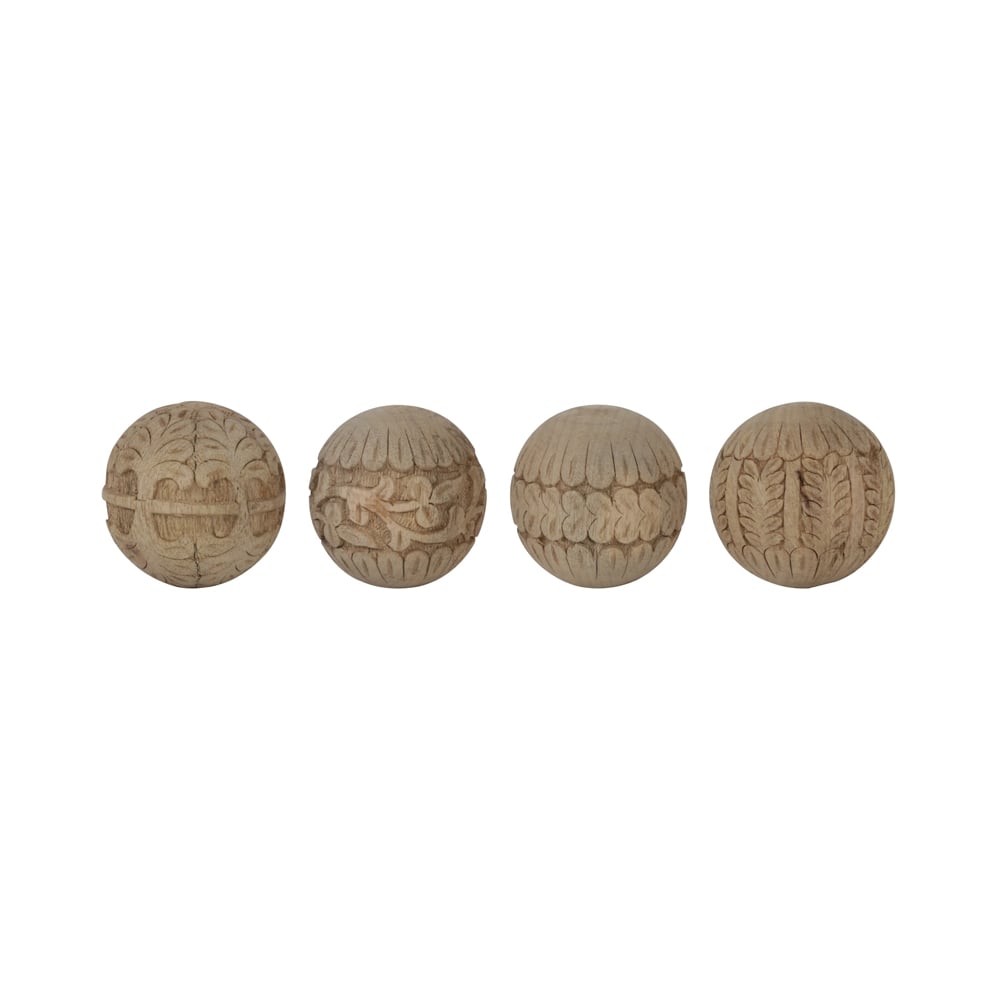 Hand-Carved Wooden Ornament Balls Set (4 Pieces) - 10 cm Diameter