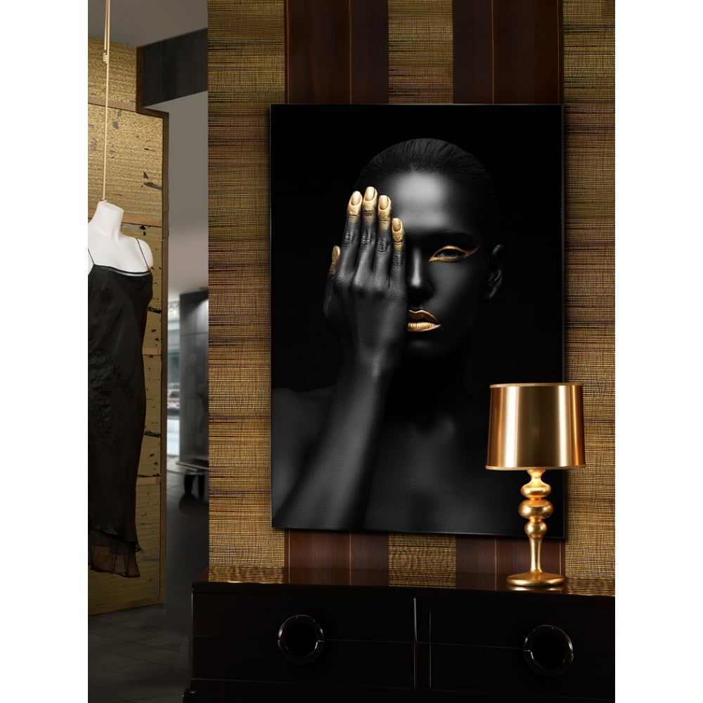 Title: Sleek Matt Black and Gold Abstract Glass Art, 80x120cm