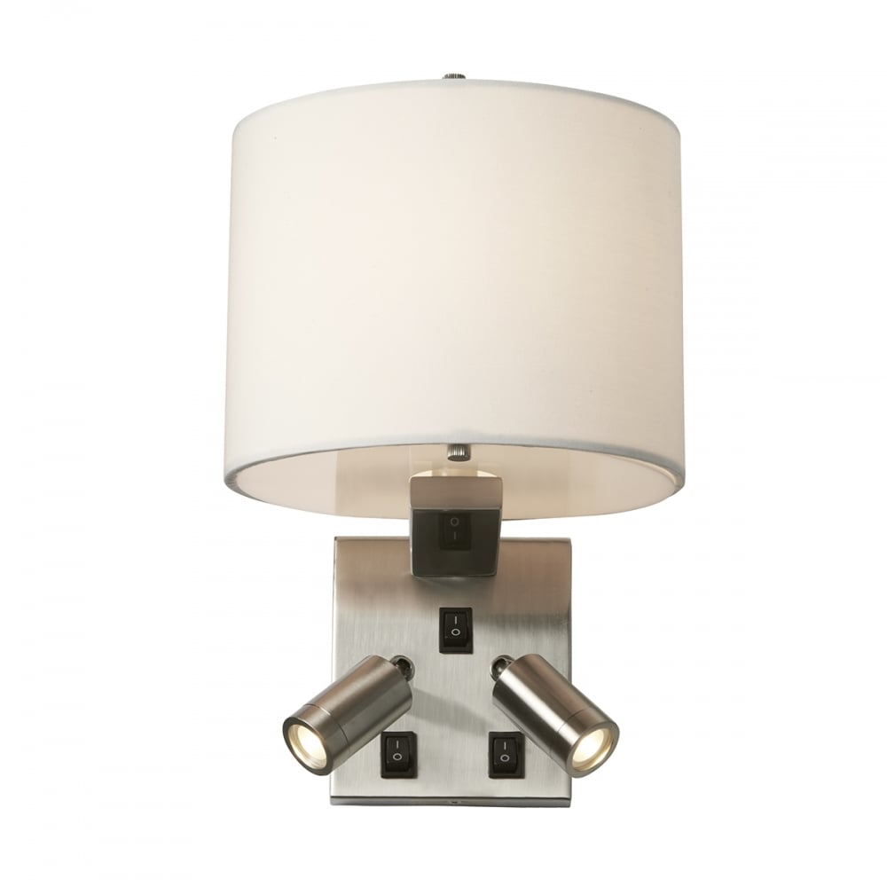 Contemporary Brushed Nickel Wall Light with Ivory Shade and Dual LED Spotlights