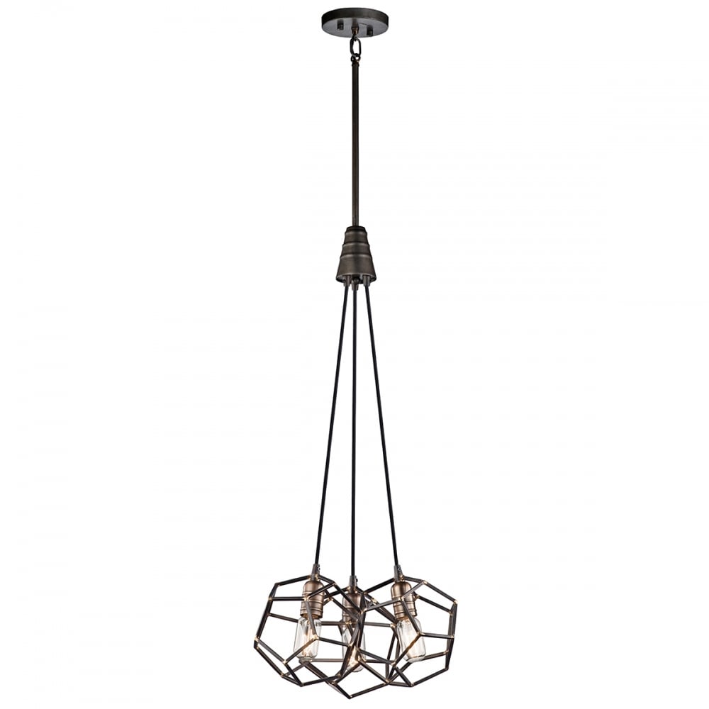 Rocklyn Industrial Chic 3-Light Chandelier in Raw Steel and Brass