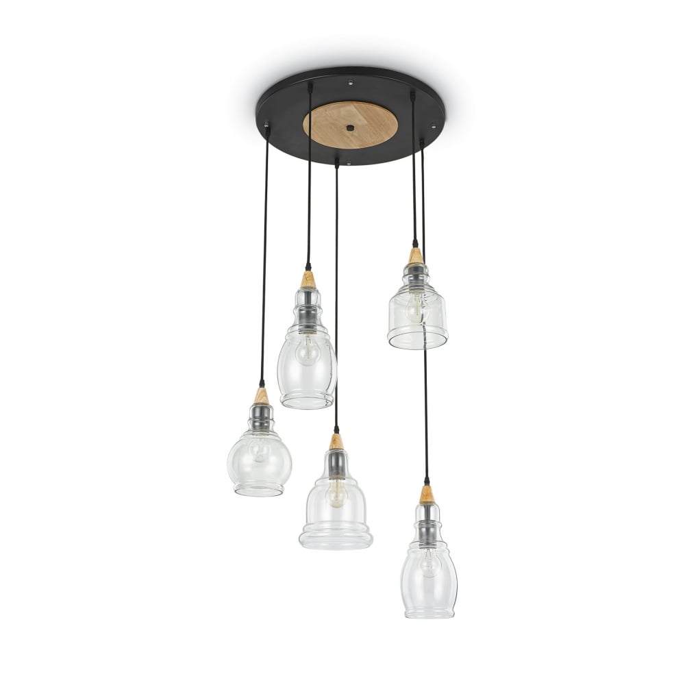 Gretel Luxe Black and Gold Clear Shade 5-Light Cluster Chandelier