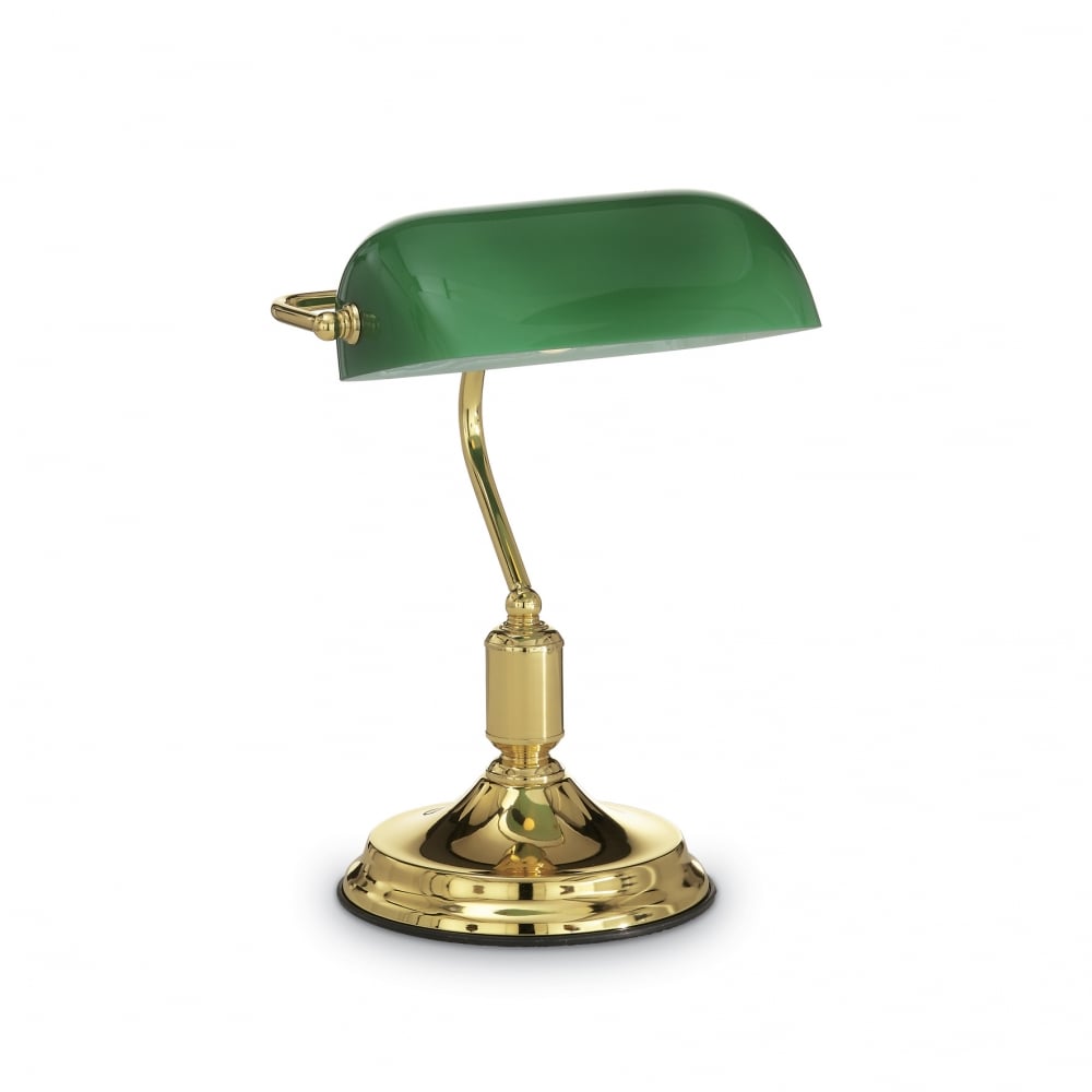 Vintage Brass Banker Desk Lamp with Emerald Green Shade